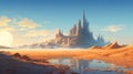 Futuristic Fantasy: A Detailed Desert Landscape With A Castle