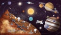 Alien landscape, Mars Colonization, space illustration with planets and spaceships, Space exploration
