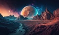 an alien landscape with mountains and planets in the sky and a stream of water running through the desert area of the land and