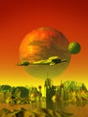 Alien landscape, spaceship exploring a planet with sea, space base and mountains, 3d rendering