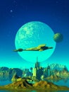 Alien landscape, spaceship exploring a planet with sea, space base and mountains, 3d rendering Royalty Free Stock Photo