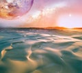 Alien landscape of sunrise over pristine sand dunes with lonely person walking. Elements of this image furnished by NASA.