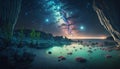 Alien landscape with turquoise water and glowing night sky. Generative AI