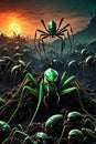 Alien Mantis horror, spooky, terror above a pile of corpses