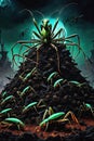 Alien Mantis horror, spooky, terror above a pile of corpses