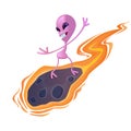 Alien on meteorite flat cartoon vector illustration