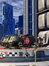 Alien military force invading a Planet, big city under Attack, spaceships Landing, 3d illustration