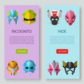 Alien, monster masks, incognito and hide inscription two vertical banners vector set. Illustration of star wars masks