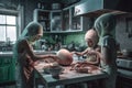 alien mother, father, and child cooking together in the kitchen