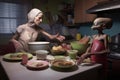alien mother serving breakfast to her children, with family feast in the background