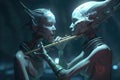 alien mother teaching her child how to play the flute