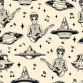 Alien music monochrome seamless pattern