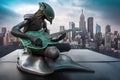 alien musician playing futuristic guitar, with surreal cityscape in the background