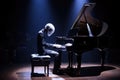 alien musician playing trancelike melody on grand piano in concert hall