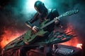 alien musician solos on futuristic guitar, with explosions and special effects in the background