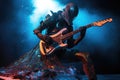 alien musician solos on futuristic guitar, with explosions and special effects in the background