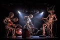 alien musicians performing breathtaking acrobatic show, with their instruments and bodies flying through the air