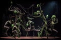 alien musicians performing breathtaking acrobatic show, with their instruments and bodies flying through the air