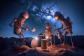 alien musicians playing their instruments with a view of the stars in the night sky