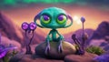 alien next to a flower A cartoon alien on a rocky planet with two moons and a purple sky. The alien has green skin, Royalty Free Stock Photo