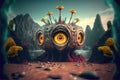 Alien object on desert with eyes and mushrooms. surreal abstract landscape background. Generative ai illustration