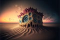 Alien object on desert sand with eyes. surreal abstract landscape background. Generative ai illustration