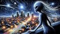 Alien observing cityscape from above at night Royalty Free Stock Photo