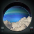 Alien blue gas giant planet as seen from a spaceship window