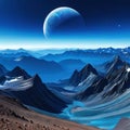 Alien planet cold blue mountain sci fi Generated Royalty Free Stock Photo