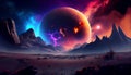 An alien planet with a colorful atmosphere, with a nearby star and a galaxy in the background, Generative AI, illustration Royalty Free Stock Photo