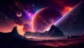 An alien planet with a colorful atmosphere, with a nearby star and a galaxy in the background, Generative AI, illustration Royalty Free Stock Photo