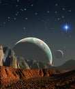 Alien planet with desert and two moons, 3d illustration, dark sky with stars Royalty Free Stock Photo