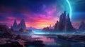 Alien planet fantasy landscape. Space background. Sci-fi horizontal banner. Royalty Free Stock Photo