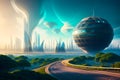 An alien planet with high tech civilization and beautiful landscape generated by ai