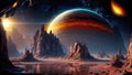 Alien planet landscape, 3d illustration of imaginary, fictional another planet background Royalty Free Stock Photo