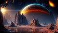 Alien planet landscape, 3d illustration of imaginary, fictional another planet background