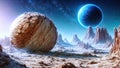 Alien planet landscape, 3d illustration of imaginary, fictional another planet background Royalty Free Stock Photo