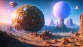 Alien planet landscape, 3d illustration of imaginary, fictional another planet background Royalty Free Stock Photo