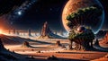 Alien planet landscape, 3d illustration of imaginary, fictional another planet background