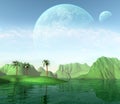 Alien Planet landscape, Sea, mountains and plants, Sky with clouds and two moons, 3d illustration Royalty Free Stock Photo