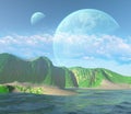 Alien Planet landscape, Sea, mountains and plants, Sky with clouds and two moons, 3d illustration Royalty Free Stock Photo