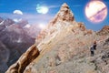 Alien Planet Landscape and two mountain Climbers