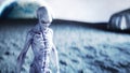 Alien on planet, moon. Earth on backgound. UFO. 3d rendering. Royalty Free Stock Photo