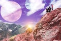 Alien Planet Mountain Landscape and Climbers on Top