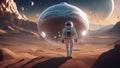 alien planet in space Alien astronaut travels by on an aerostat and explores the universe. Space voyagers. Royalty Free Stock Photo