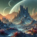 Alien planet with strange plants and rock formations, photoreal
