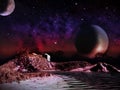 Alien planet. Two moons at night rise Royalty Free Stock Photo