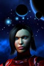 Alien planetary system, bakground with stars and nebula, futuristic woman soldier, 3d illustration