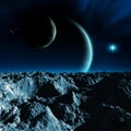 Alien Planetary system, a moon with mountains and rocks, two planets with atmosphere, a bright star and nebula, 3d illustration Royalty Free Stock Photo