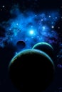 Alien planetary system, near a blue nebula, 3d illustration